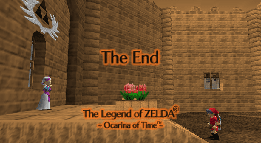 OoT End title screen with sepia filter showing issues with Link cosmetic colors in SoH